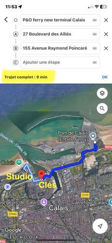 Capture d'écran d'une page Google Maps avec une carte dans l'établissement Studio Horizon Bleu, vue mer, à Calais