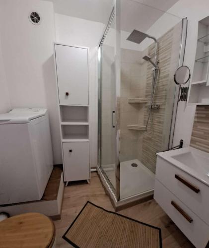 une salle de bain avec une douche, des toilettes et un lavabo dans l'établissement Marcogpel - Charmant Appartement Vue Port Proximité Saint-Tropez, à Cogolin