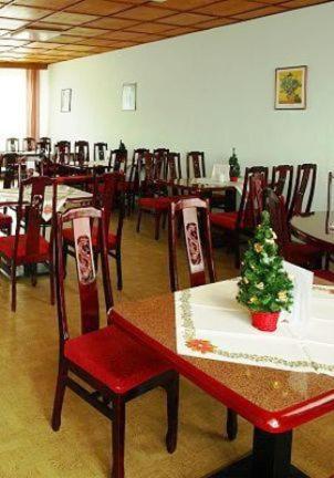 a dining room with a christmas tree on a table at Gaststätte & Pension Am Tanger in Prenzlau