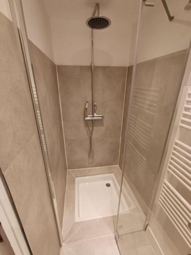 une douche avec une porte vitrée dans une salle de bain dans l'établissement Charme saint Jean, à Pithiviers