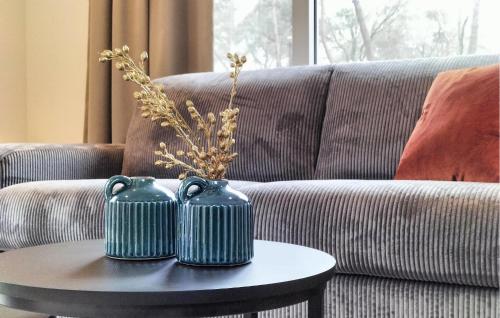 two blue vases on a table next to a couch at Beautiful Home In Hellendoorn With Wifi in Hellendoorn