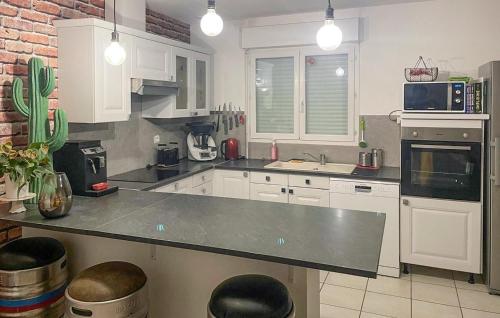 une cuisine avec des armoires blanches et un comptoir dans l'établissement Amazing Home In Vinezac, à Vinezac