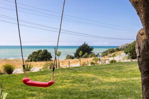 a red swing hanging from a tree near the ocean at Moeraki Beach Haven - Otago Beachfront Home in Moeraki