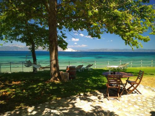 a table and chairs under a tree on the beach at Ferienhaus Simos In Paleokastro in Edipsos
