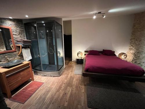 une chambre avec un lit et une douche en verre dans l'établissement MAS de PUJOL, à Saint-Pargoire