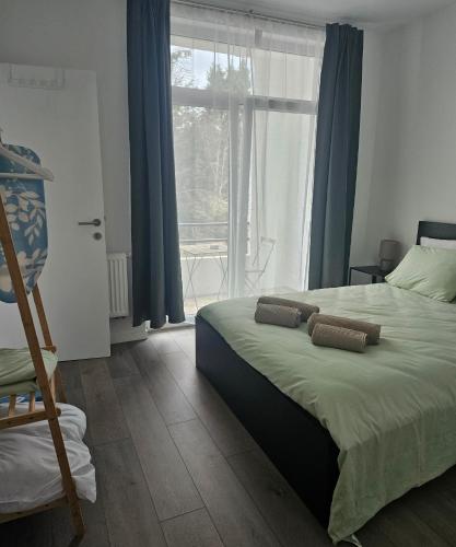 ブリュッセルにあるBrussels apartment with terrace 1のベッドと大きな窓のある寝室
