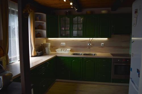 a green kitchen with green cabinets and a sink at Chata s výhledem do údolí Frymburk, Náhlov in Frymburk