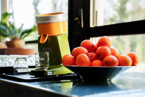 a bowl of tomatoes on a table next to a juicer at Hôtel Marso in Amnéville