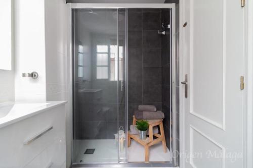 a glass shower in a bathroom with a chair at Balcones del Mar By Solymar Holiday in Torrox Costa