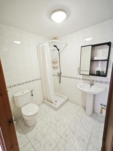 a white bathroom with a toilet and a sink at El Penell Apartament Xaloc in Vilamaniscle
