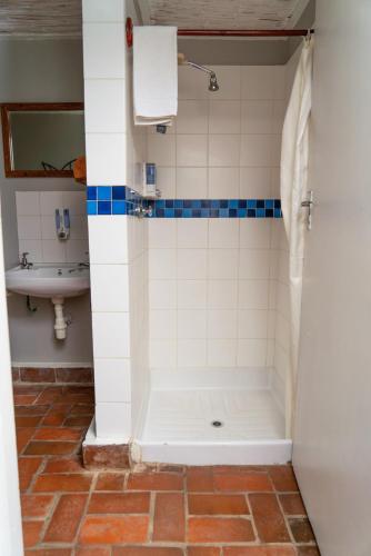 a bathroom with a shower and a sink at Sunbird Chintheche in Nkhata Bay