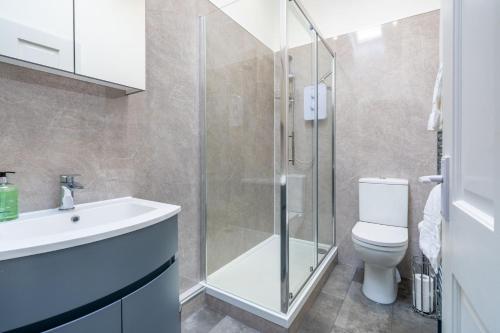 a bathroom with a shower and a toilet and a sink at Little Lammas in Ringstead