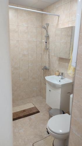 Un baño con ducha, inodoro y lavabo. en Апартамент Калоян, en Banya