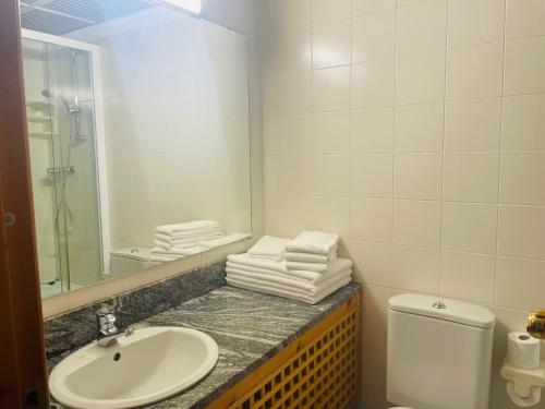 a bathroom with a sink and a toilet and a mirror at Residenza Del Sole in Gressoney-Saint-Jean