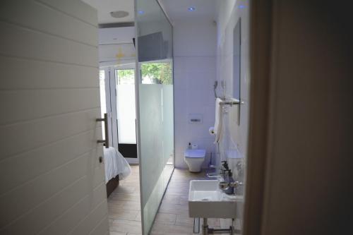 a bathroom with a sink and a toilet and a mirror at theLAB Luxury Backpackers in Franschhoek