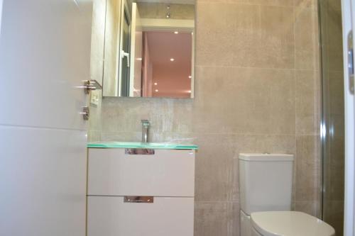 a bathroom with a toilet and a sink and a mirror at Apartamentos Dream in Salamanca