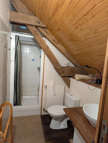 une salle de bain avec des toilettes blanches et un lavabo dans l'établissement ferme de la gortiere, à Le Teilleul