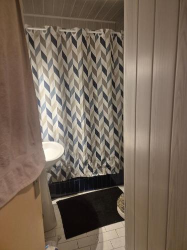 La salle de bains est pourvue d'une douche avec rideau de douche à contrôle. dans l'établissement Appartement font-romeu, à Font-Romeu-Odeillo-Via