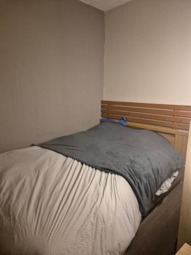 - un lit dans une chambre avec une tête de lit en bois dans l'établissement Appartement font-romeu, à Font-Romeu-Odeillo-Via
