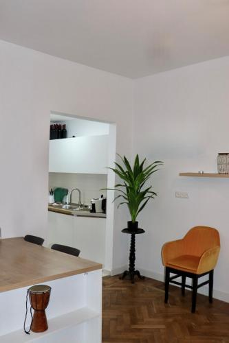 a kitchen with a table and a plant in a room at Cozy Flat in the Best Area of Tb in Tbilisi City