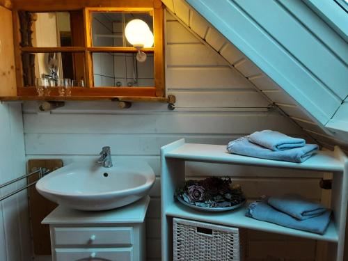 y baño con lavamanos y lavamanos. en Fewo Holzwurm, en Braunlage