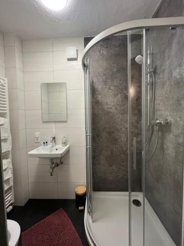 a bathroom with a shower and a sink at Pension Winnemuller in Cochem