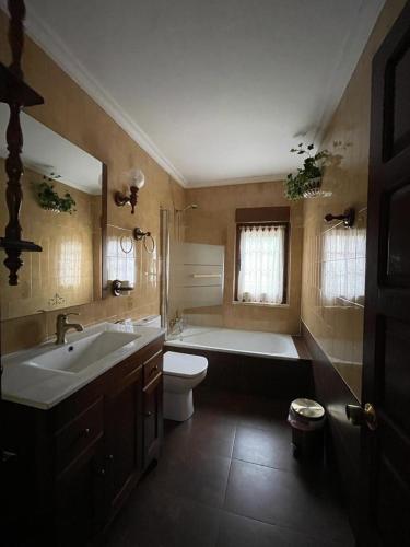 a bathroom with a tub and a toilet and a sink at Casa Las Coberazas in Arenas de Cabrales