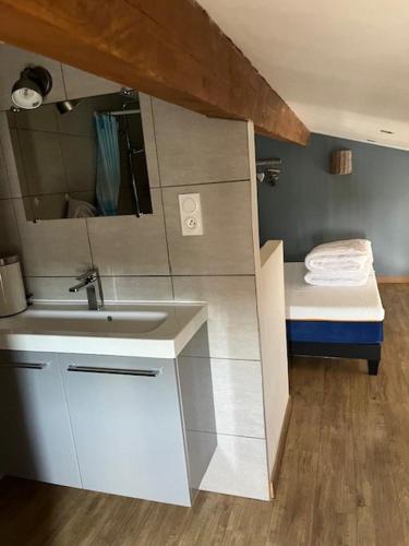 une petite salle de bain avec un lavabo et un miroir dans l'établissement Un petit cottage en Provence, à Maillane