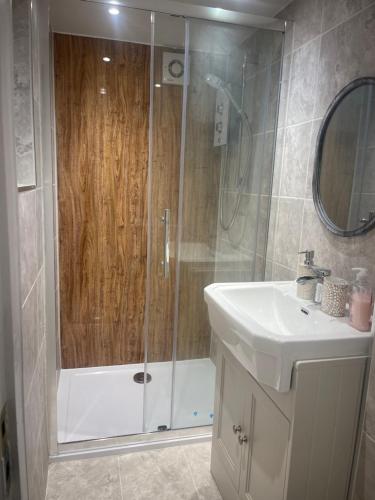 a bathroom with a shower and a sink at New luxurious and spacious guest suite in Banstead in Banstead
