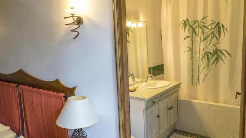 La salle de bains est pourvue d'un miroir, d'un lavabo et d'une lampe. dans l'établissement Gîte AYMARE 12 personnes, au Vigan