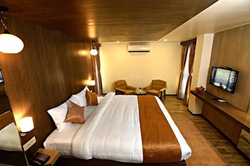 a hotel room with a large bed and a television at Jupiter Plaza Grand in New Delhi