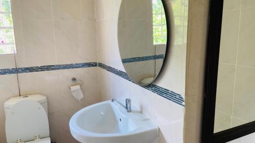 a bathroom with a sink and a mirror and a toilet at Yvee Guesthouse in Hazyview