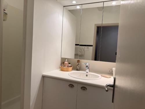 une salle de bain avec un lavabo et un miroir dans l'établissement Equipped sea view apartment with terrace, à Menton