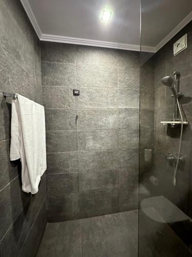 a bathroom with a shower with a glass door at Regina Maria Spa Design Hotel in Balchik