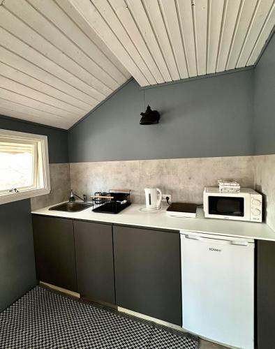 a kitchen with a sink and a microwave at Cozy, forest cabin #11 in Hvolsvöllur - Self check-in, outside jacuzzi! in Hvolsvöllur