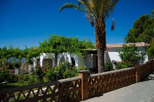 a fence with a palm tree and flowers at Casa Número 1 in Válor