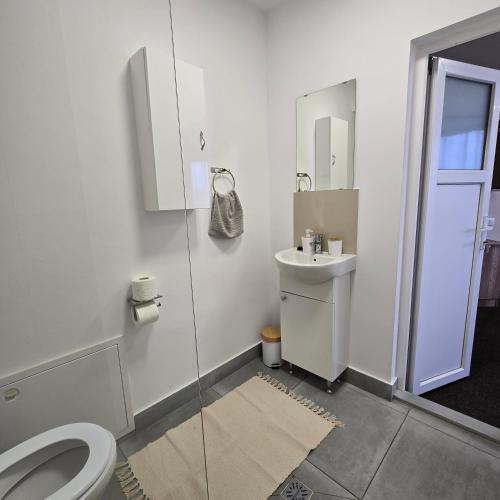 a white bathroom with a toilet and a sink at MA DONNA rooms in Floreşti