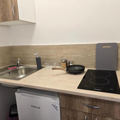 a kitchen counter with a stove and a sink at MA DONNA rooms in Floreşti