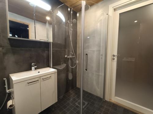 Un baño con ducha, lavabo e inodoro. en Pärjä Suites 4, en Syöte