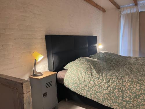 a bedroom with a bed and a lamp on a night stand at 't Kleinste huisje van Arnhem in Arnhem