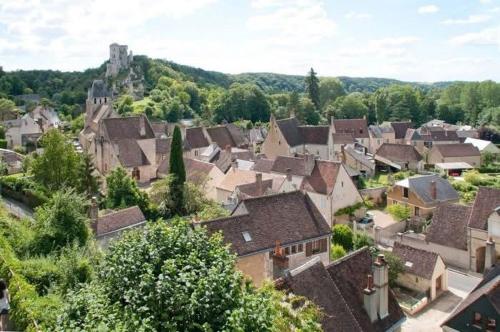 a village with houses and a castle in the distance at Pierre in Montoire-sur-le-Loir