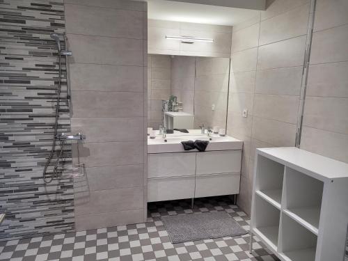 une salle de bain avec un lavabo et une douche avec un miroir dans l'établissement gite des gorges du lignon, à Grazac