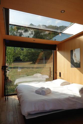 a bed in a room with a large window at Bleu Minuit L'Arche in Obersteinbach