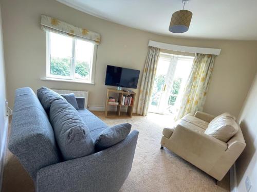 a living room with a blue couch and a chair at Mariasplace in Cork
