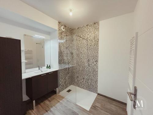 une salle de bain avec un lavabo et une douche dans l'établissement Appartement cosy dans résidence avec piscine, à Sanary-sur-Mer