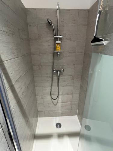 eine Dusche mit Duschkopf in einem Badezimmer in der Unterkunft la Sainterie in Savonnières