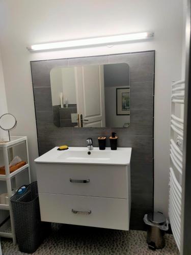 une salle de bain avec un lavabo blanc et un miroir dans l'établissement Le gîte d'Isa, à Montfarville