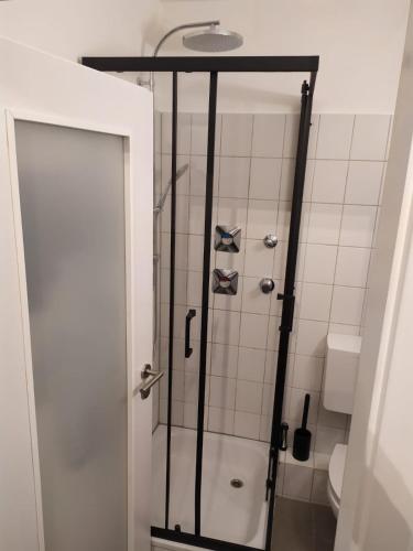 a shower with a glass door in a bathroom at Apartment 17 in Kassel