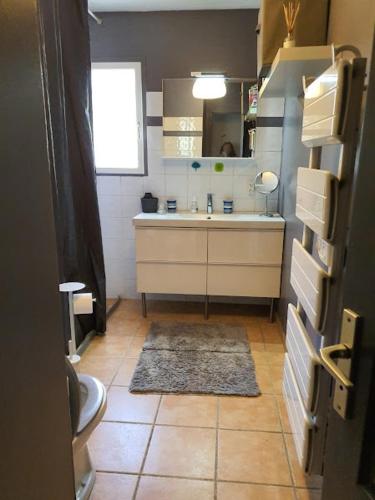 une petite salle de bain avec un lavabo et un miroir dans l'établissement Chez Mylène et Jean, à Bédoin