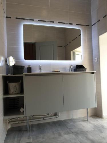 une salle de bain avec un lavabo et un grand miroir dans l'établissement Gîtes Auversois, à Auvers-Saint-Georges